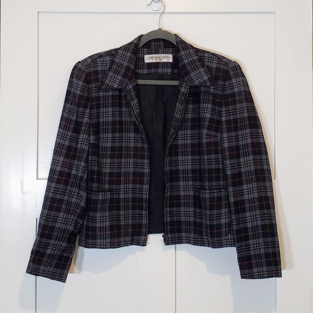 Amanda Smith Pure Wool Vintage Plaid Full Zip Up Cropped Blazer Jacket Size 12